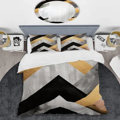 Design Art Black And Gold Geometric Tiles 4 - Abstract Geometric Duvet Cover Set In Black;gold