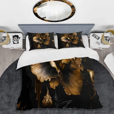 Design Art Black And Gold Gladiolus Iii - Floral Gladiolus Duvet Cover Set - Microfiber Polyester In Black;gold