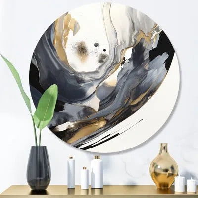 Design Art Black And Gold Harmony Of Marble V - Abstract Marble Round Wall Art On Metal In Black;gold