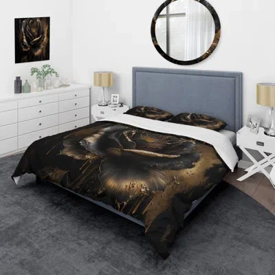 Design Art Black And Gold Rose I - Floral Rose Duvet Cover Set - Microfiber Polyester In Black;gold