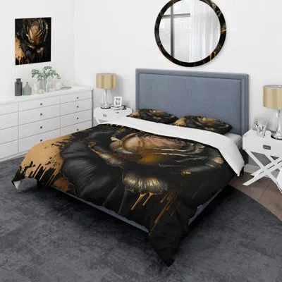 Design Art Black And Gold Rose Ii - Floral Rose Duvet Cover Set - Microfiber Polyester In Black;gold