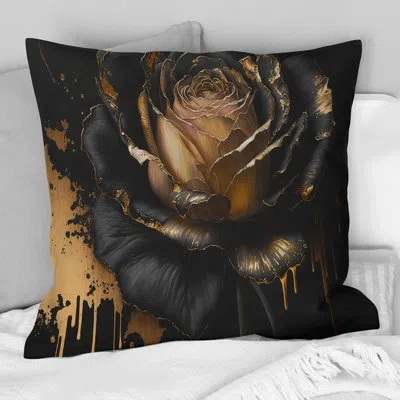 Design Art Black And Gold Rose Ii - Rose Printed Pillow In Black;gold