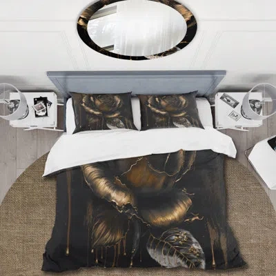 Design Art Black And Gold Rose Iii - Floral Rose Duvet Cover Set - Microfiber Polyester In Black;gold