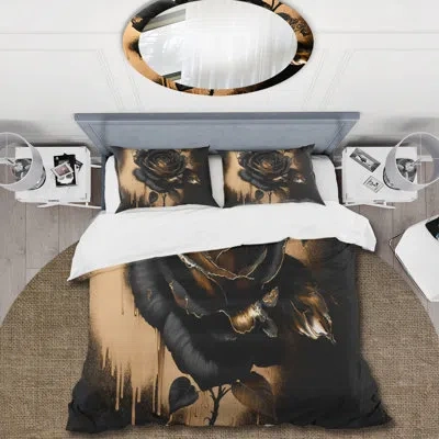 Design Art Black And Gold Rose Iv - Floral Rose Duvet Cover Set - Microfiber Polyester In Black;gold