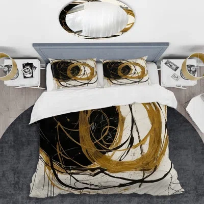 Design Art Black And Gold The Art Of Chaos I - Abstract Painting Duvet Cover Set - Microfiber Polyester In Black;gold