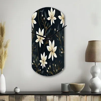 Design Art Black & Ivory Elegant Floral Pattern - Floral Asymmetrical Metal Wall Clock, White Cylinder Wall Clo In Black;white