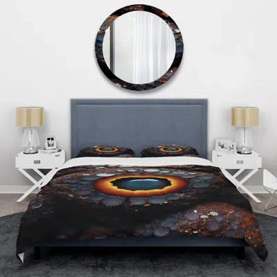 Design Art Black And Orange Aquatine Geode Ii - Stone Geode Duvet Cover Set In Black;orange
