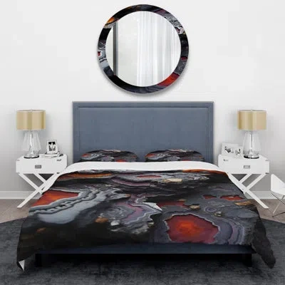 Design Art Black And Orange Aquatine Geode Iii - Stone Geode Duvet Cover Set In Black;orange