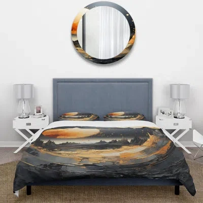 Design Art Black And Orange Marble Moon Iii - Moose Landscape Mountains Duvet Cover Set In Black;orange