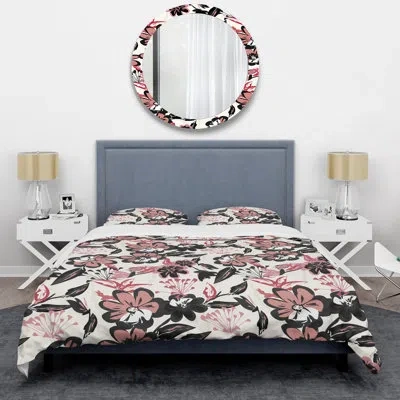 Design Art Black And Pink Flowers - Cabin & Lodge Duvet Cover Set In Cream