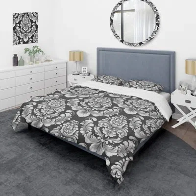 Design Art Black And White Damask - Abstract Duvet Cover Set - Microfiber Polyester In White,gray