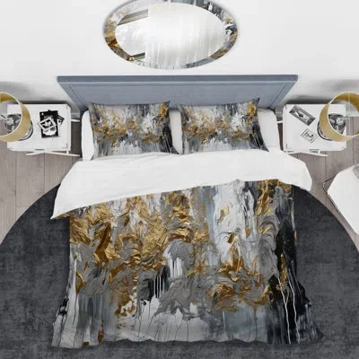 Design Art Black And White Delicate Brushstrokes I - Abstract Marble Duvet Cover Set - Microfiber Polyester In Black;white