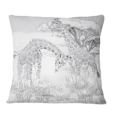 Design Art Black And White Giraffes In Safari - Traditional Printed Throw Pillow In Black;white