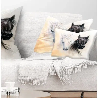 Design Art Black And White Horse Heads - Animal Printed Throw Pillow