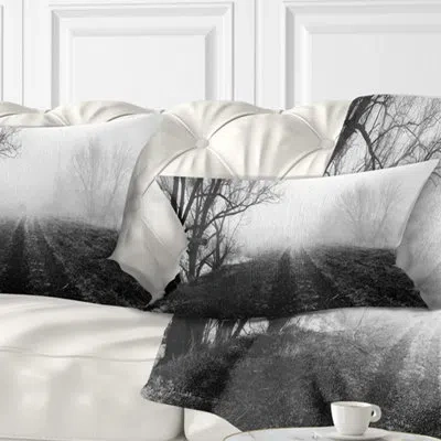 Design Art Black And White Misty Landscape Panorama - Landscape Printed Throw Pillow