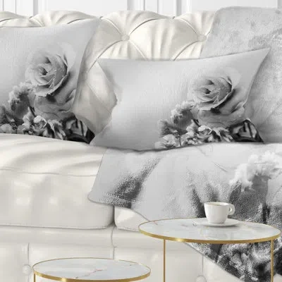 Design Art Black And White Rose In Spring. - Floral Printed Throw Pillow