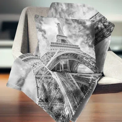 Design Art Black And White View Of Paris Paris Eiffel Tower - Cityscape Printed Pillow In Blue