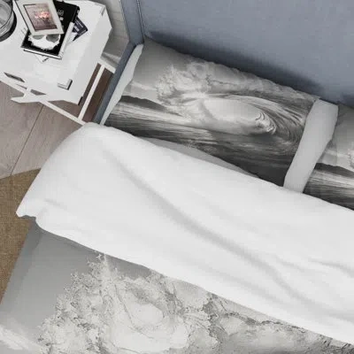 Design Art Black And White Wave Photo I - Coastal Beach Duvet Cover Set - Microfiber Polyester In Gray
