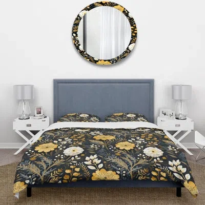 Design Art Black And Yellow Boho Botanical - Boho Duvet Cover Set - Microfiber Polyester In Black;yellow