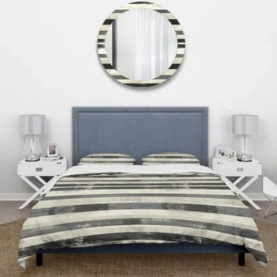 Design Art Black Beige Mid Century Retro Stripe - Mid Century Retro Stripe Duvet Cover Set In Black;beige