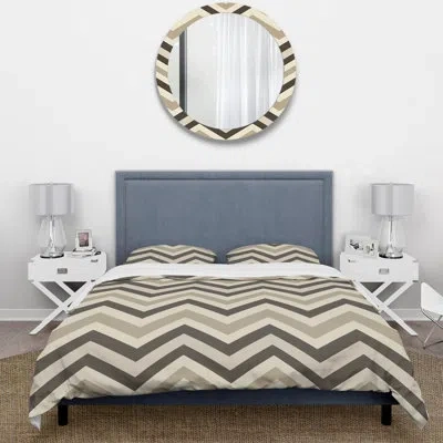 Design Art Black Beige Midcentury Chevron Ii - Midcentury Duvet Cover Set In Black;beige