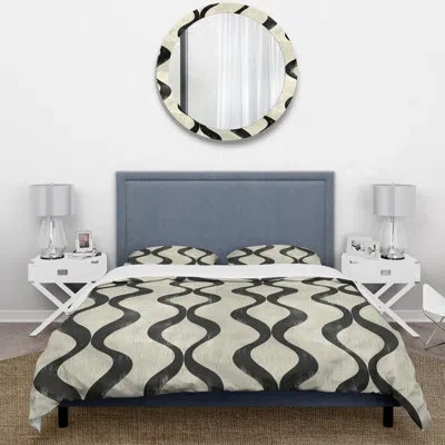 Design Art Black Beige Midcentury Ogee Print Ii - Midcentury Duvet Cover Set In Black;beige