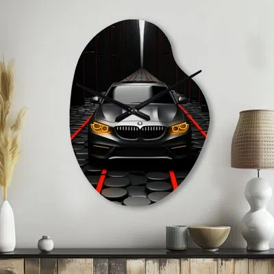 Design Art Black Car Abstract Background - Road Asymmetrical Metal Wall Clock, Red Unique Shape Clock Print