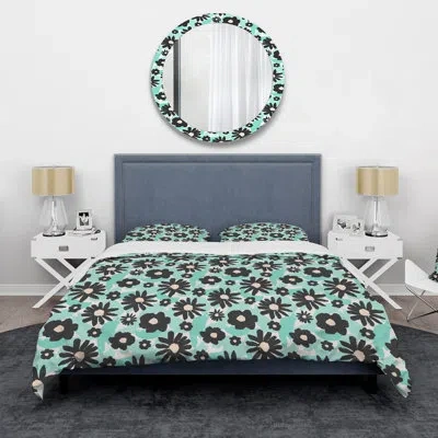 Design Art Black Daisy Flowers On Turquoise - Vintage Duvet Cover Set - Microfiber Polyester In Brown