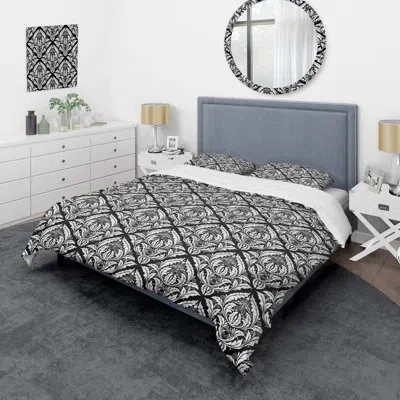 Design Art Black Damask - Abstract Duvet Cover Set - Microfiber Polyester In Black;grey