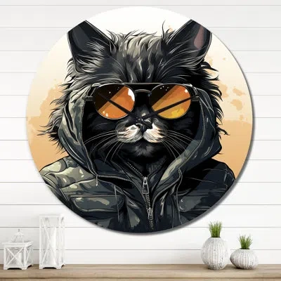 Design Art Black Fashion Cat In Glasses Metal Wall Clock In Gold