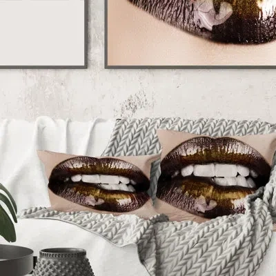 Design Art Black Gold Lips Biting - Modern Printed Pillow