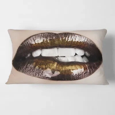 Design Art Black Gold Lips Biting - Modern Printed Throw Pillow