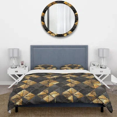 Design Art Black Gold Midcentury Glam Tiles I - Midcentury Duvet Cover Set In Black;gold