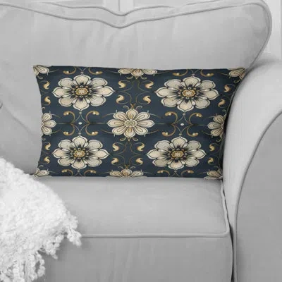 Design Art Black Gold Traditional Flower Mosaic Beauty I - Traditional Lumbar Pillow In Black;gold