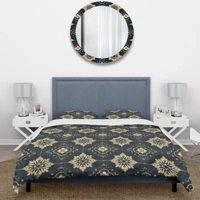 Design Art Black Gold Traditional Flower Mosaic Beauty Ii - Traditional Duvet Cover Set In Black;gold