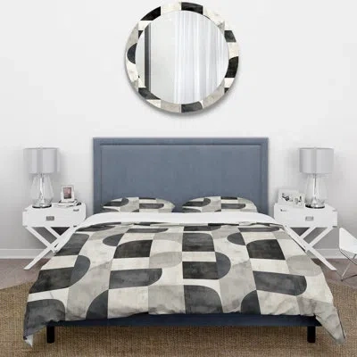 Design Art Black Grey Midcentury Shapes I - Midcentury Duvet Cover Set In Black;gray
