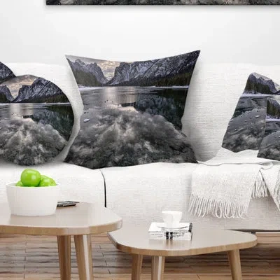 Design Art Black Icy Mountain Lake With Snow - Landscape Printed Pillow