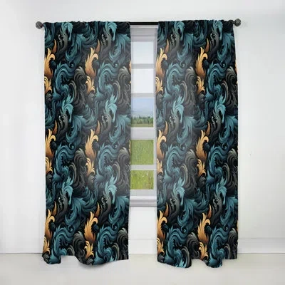Design Art Black Ink Seamless Calligraphy Flourishes - Bohemian Curtain - Velvet Room Darkening - 1 Panel In Blue;black