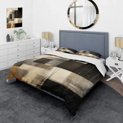 Design Art Black Mid Century Fusion Ii - Abstract Midcentury Duvet Cover Set - Microfiber Polyester In Black;beige