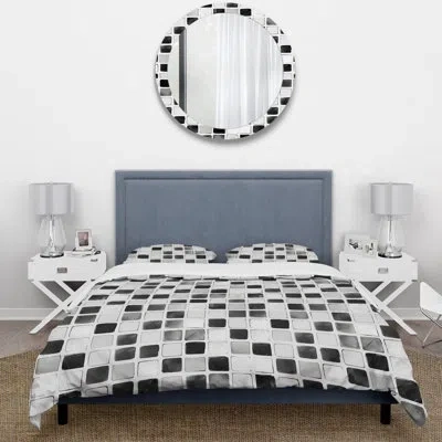 Design Art Black Midcentury Mosaic Tiles Ii - Midcentury Duvet Cover Set In Black;white