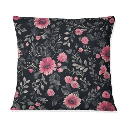 Design Art Black Pink Flower Floral Wreath Ii - Traditional Throw Pillow In Black;pink