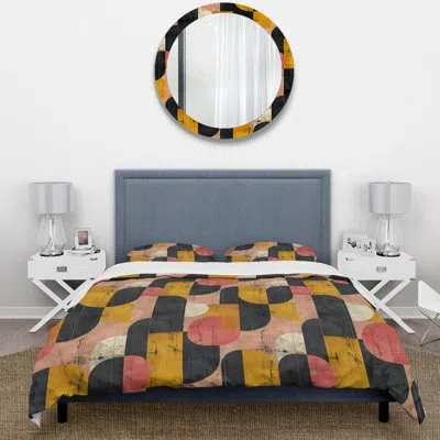 Design Art Black Pink Midcentury Geometric Shapes I - Midcentury Colors Soft Line Duvet Cover Set In Black;pink