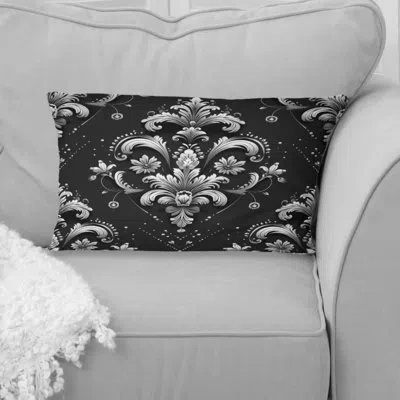 Design Art Black Silver Damask Print Iv - Traditional Lumbar Pillow In Black;silver