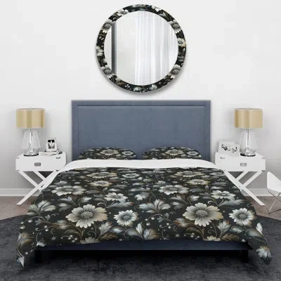 Design Art Black Silver Flower Gardens - Glam Duvet Cover Set In Black;silver