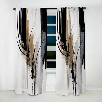 Design Art Black, White And Gold Expression Ii - Modern Velvet Curtain - Room Darkening - 1 Panel In Black;gold