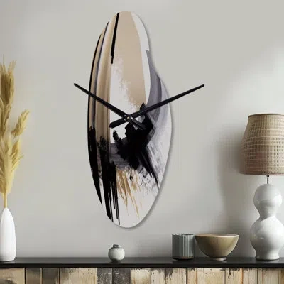 Design Art Black, White And Gold Expression Iv - Abstract Curved Metal Clock, Black Asymmetrical Metal Clock Pr In Black;gold
