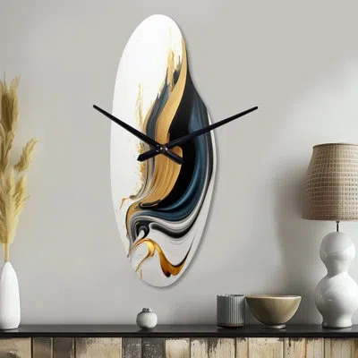 Design Art Black, White And Gold Liquid Art Iii - Liquid Ink Asymmetrical Metal Clock, Black Curved Wall Clock  In Black;gold
