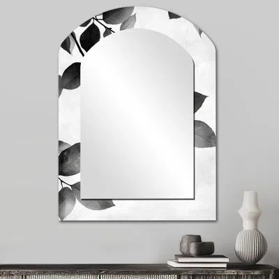 Design Art Black White Leaves Gentle Breeze I - Leaves Asymmetrical Decorative Wall Mirror, Traditional Arch Mi In Black;white