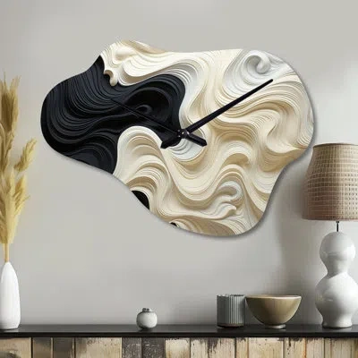 Design Art Black White Opt Art Contrasting Waves - Op Art Asymmetrical Metal Clock, Modern Cloud Wall Clock Pri In Black;white