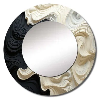 Design Art Black White Opt Art Contrasting Waves - Op Art Decorative Wall Mirror, Black Round Mirror, Printed M In Black;white